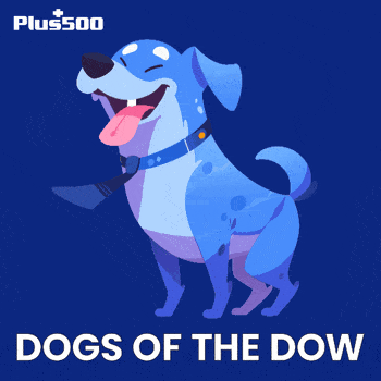 A Blue Dog With A Tie And The Words " Dogs Of The Dow " Below It GIF