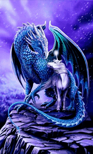 A Blue Dragon And A White Horse Standing On A Rock GIF