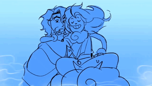 A Blue Drawing Of A Man And A Woman Sitting On A Cloud GIF