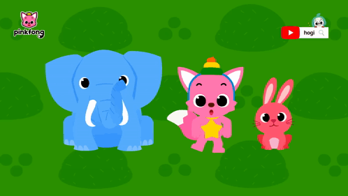 A Blue Elephant A Pink Cat And A Pink Rabbit Are On A Green Background With The Words Poop Poop Written Below Them GIF