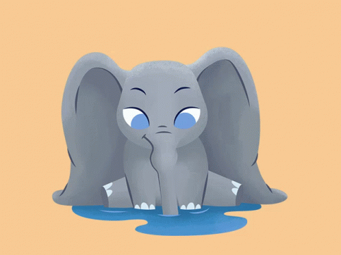 A Blue Elephant Is Sitting In A Puddle Of Water On A Yellow Background GIF