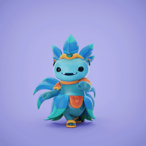 a blue figurine with feathers on it 's head stands on a purple background