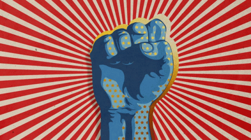 a blue fist with stars on it is against a red and white background
