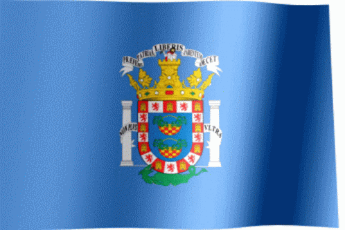 A Blue Flag With A Coat Of Arms And The Words " Libertas " On It GIF
