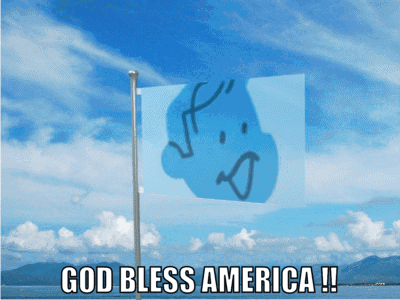 A Blue Flag With A Sad Face On It And The Words God Bless America On The Bottom GIF