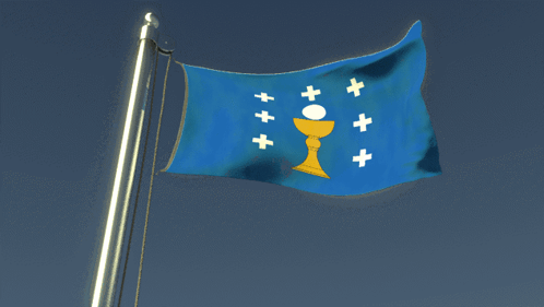 A Blue Flag With White Crosses And A Golden Chalice On It GIF