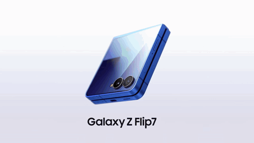 A Blue Galaxy Z Flip7 Phone Is Displayed On A White Surface GIF