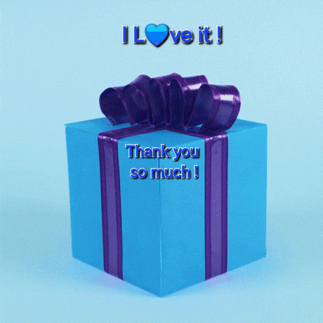 a blue gift box with a purple bow and the words " thank you so much "