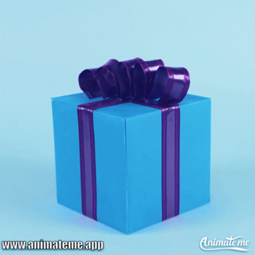 A Blue Gift Box With A Purple Ribbon And Animate Me Written On The Bottom GIF