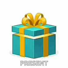 A Blue Gift Box With A Yellow Ribbon And Bow And The Word Present Written On It . GIF