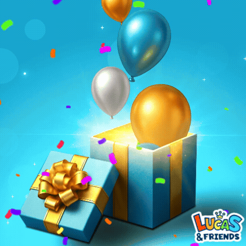 Blue Gift Box With Balloons And Lucas & Friends Text GIF