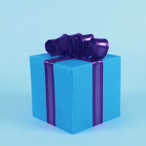 a blue gift box with purple ribbon and a bow