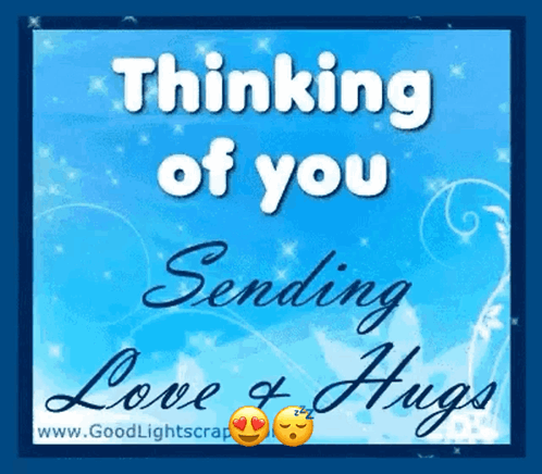 A Blue Greeting Card That Says Thinking Of You Sending Love And Hugs GIF