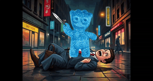 A Blue Gummy Bear Is Holding A Knife Over A Man GIF