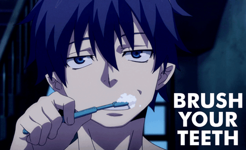A Blue Haired Anime Character Brushing His Teeth With The Words Brush Your Teeth Behind Him GIF