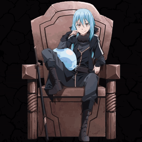 A Blue Haired Anime Character Is Sitting On A Chair With A Sword GIF