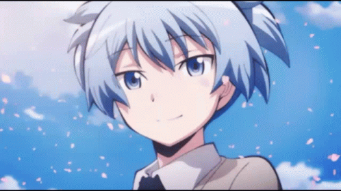 A Blue Haired Anime Character Is Smiling With Petals Falling From The Sky GIF