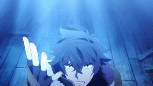A Blue Haired Anime Character Is Standing In A Dark Room With His Hands Outstretched GIF