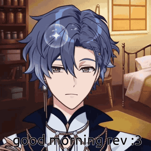 A Blue Haired Anime Character Says " Good Morning Rev 3 " GIF