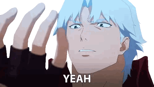 a blue haired anime character says yeah with his hands