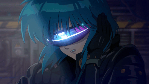 A Blue Haired Anime Character Wearing A Black Jacket And A Pair Of Glasses GIF