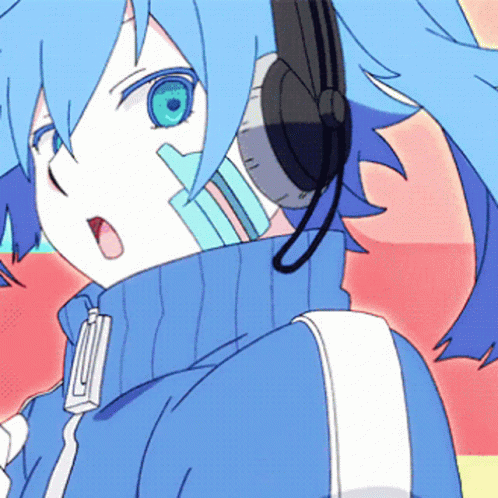 A Blue Haired Anime Character Wearing Headphones And A Blue Jacket GIF