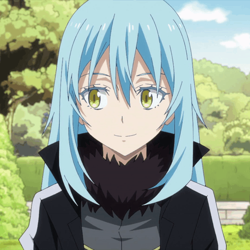A Blue Haired Anime Character With Green Eyes And A Black Jacket GIF