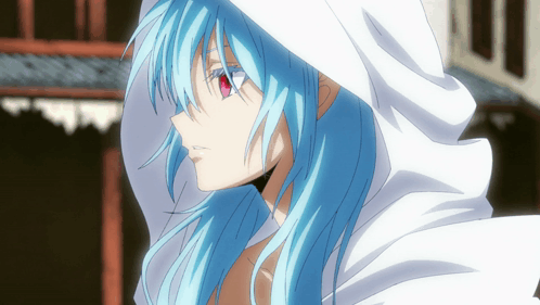 A Blue Haired Anime Character With Red Eyes And A White Hood GIF