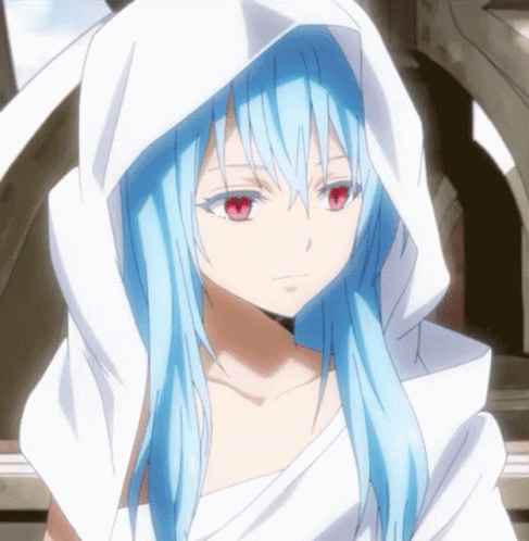 A Blue Haired Anime Character With Red Eyes And A White Hood GIF
