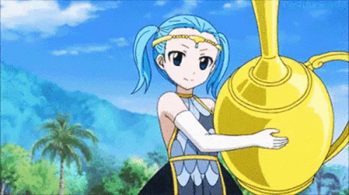 A Blue Haired Anime Girl Is Holding A Large Gold Vase GIF