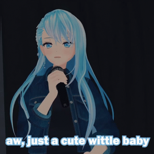 A Blue Haired Anime Girl Singing Into A Microphone With The Words Aw Just A Cute Wattle Baby Behind Her GIF