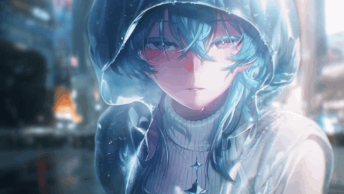 A Blue Haired Anime Girl Wearing A White Sweater And A Hood GIF