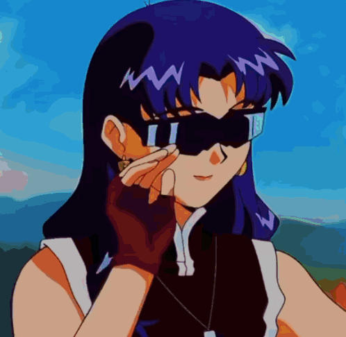 A Blue Haired Anime Girl Wearing Sunglasses And A White Shirt GIF
