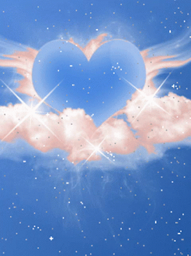 A Blue Heart Is Surrounded By Pink Clouds In The Sky GIF