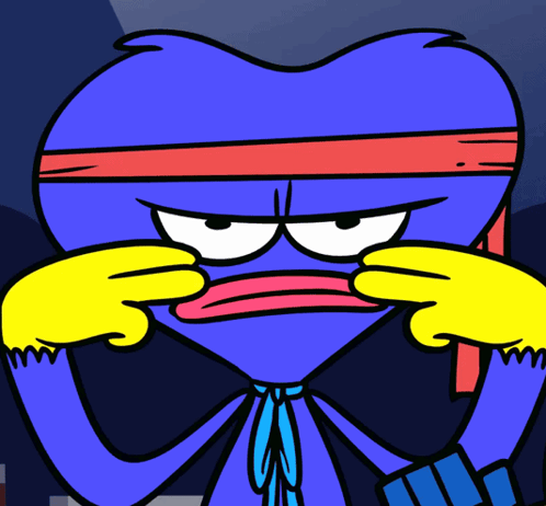 a blue heart with a red headband and yellow gloves is making a funny face
