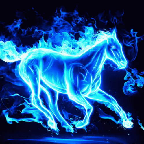 A Blue Horse Is Surrounded By Blue Flames On A Dark Background GIF