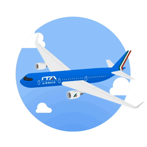 A Blue Ita Airways Airplane Is Flying Through The Air GIF