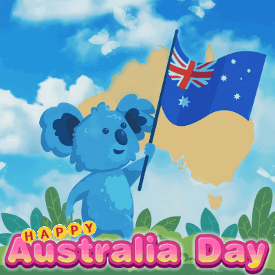 A Blue Koala Bear Is Holding A Flag In Front Of A Map And The Words Happy Australia Day GIF