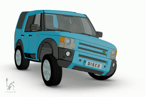 A Blue Land Rover With A License Plate That Reads Disco GIF