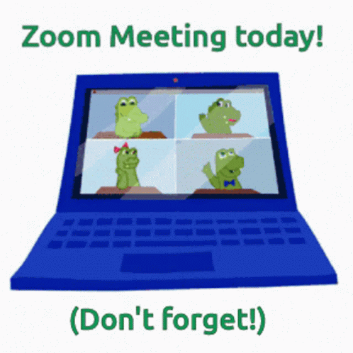 A Blue Laptop With Frogs On The Screen Says Zoom Meeting Today ( Don 'T Forget ) GIF