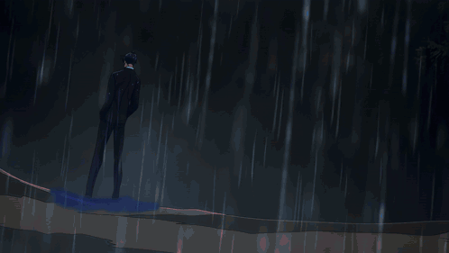 a blue lightning bolt is coming down from the sky in the rain