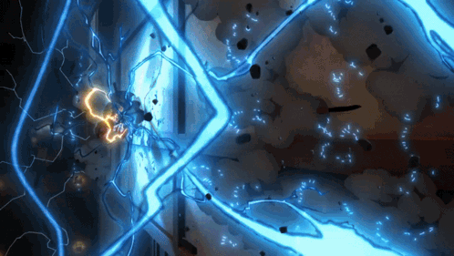 A Blue Lightning Bolt Strikes A Building With A Few Pieces Of Smoke Coming Out Of It GIF
