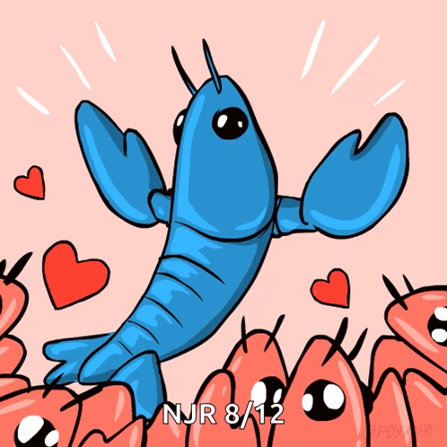 A Blue Lobster Is Surrounded By Red Hearts And Says Njr 8 12 On The Bottom GIF