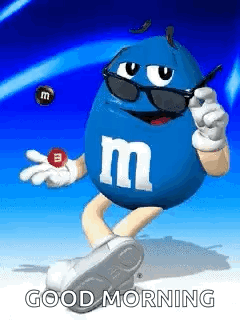 A Blue M & Ms Character Wearing Sunglasses And Holding A M & M . GIF