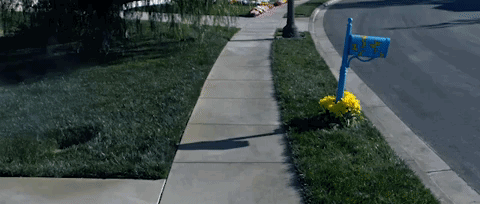 A Blue Mailbox On The Side Of A Sidewalk With A Yellow Flower GIF