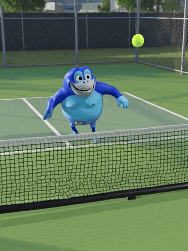 A Blue Monkey Playing Tennis On A Court GIF