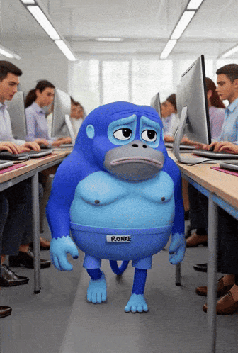A Blue Monkey With The Name Ronke On His Shorts GIF