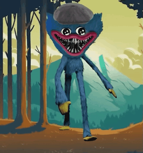 A Blue Monster With A Hat On Its Head Is Walking Through A Forest GIF