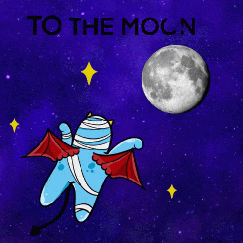 A Blue Monster With Red Wings Is Flying In The Night Sky With The Words To The Moon Below It GIF
