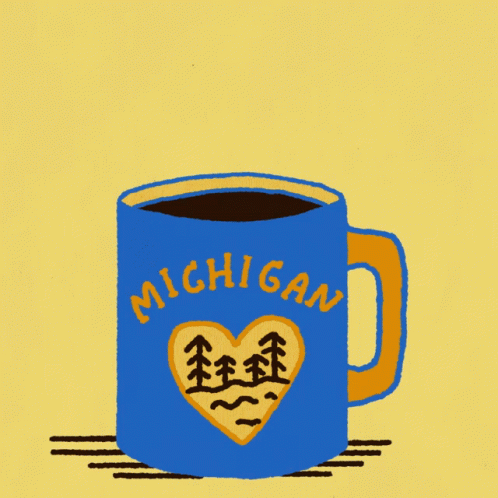 A Blue Mug That Says Michigan With A Heart And Trees On It GIF